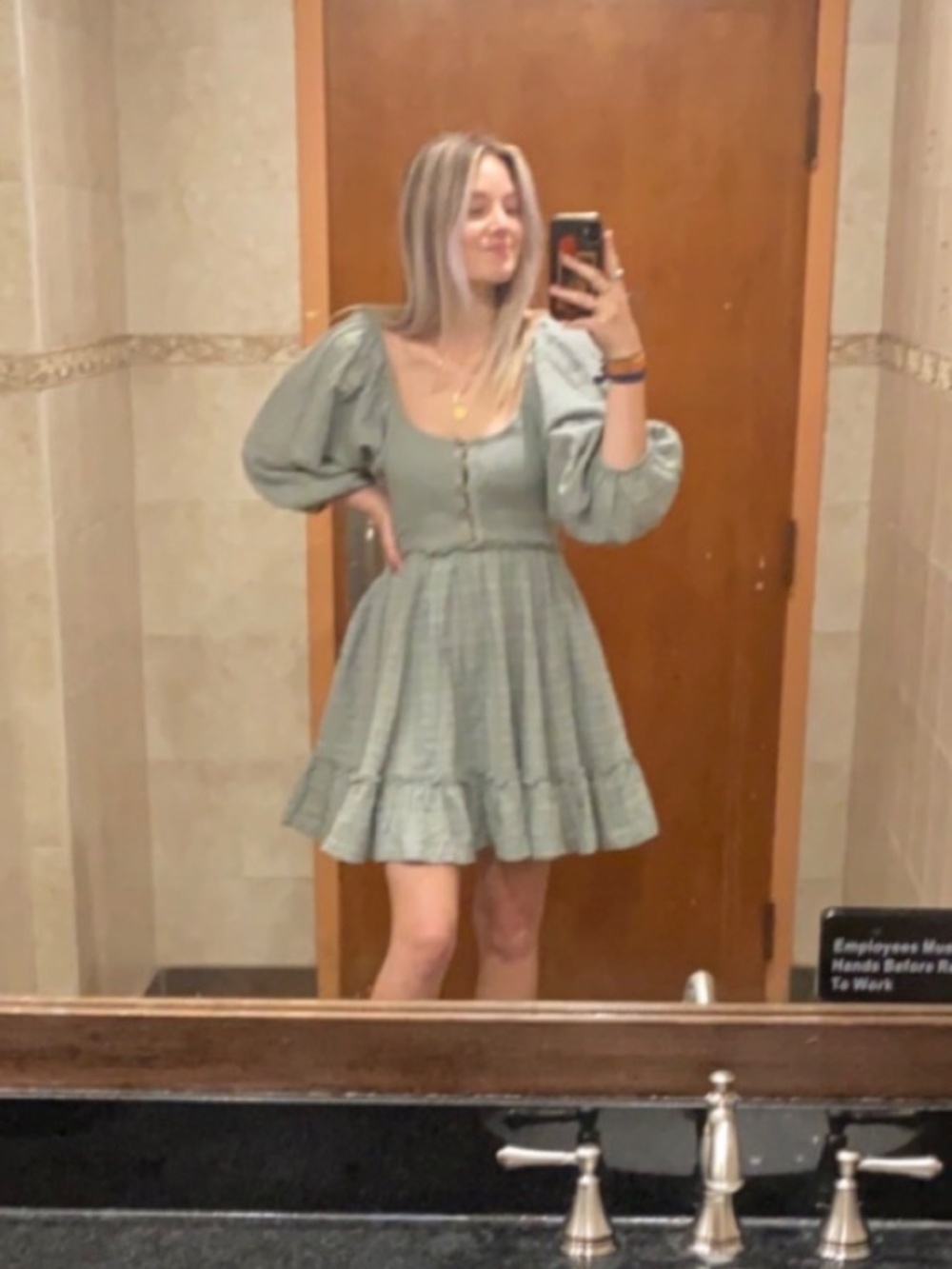 Free People Cora Puff Sleeve Dress Green - M - Picture 2 of 5
